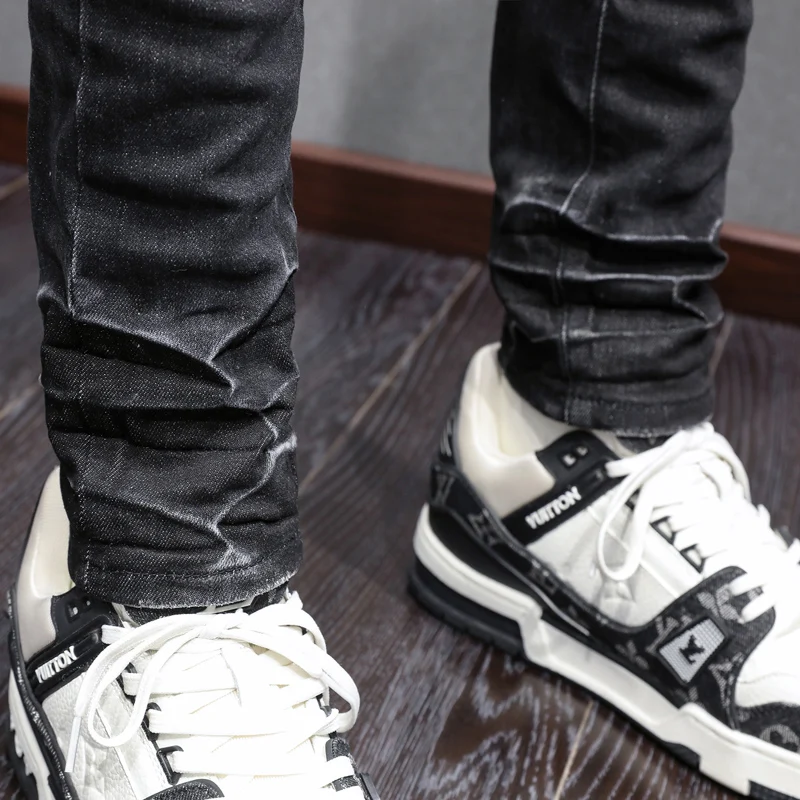 y2k fashion new light colored denim jeans washed nostalgic stretch slim fit men's black gray jeans high street hip-hop brand