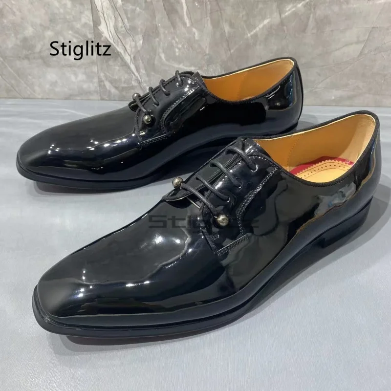 

Patent Leather Lace Up Oxford Shoes Men Metallic Pin Buckle Black Derby Shoes Designer Style British Style Banquet Male Shoes