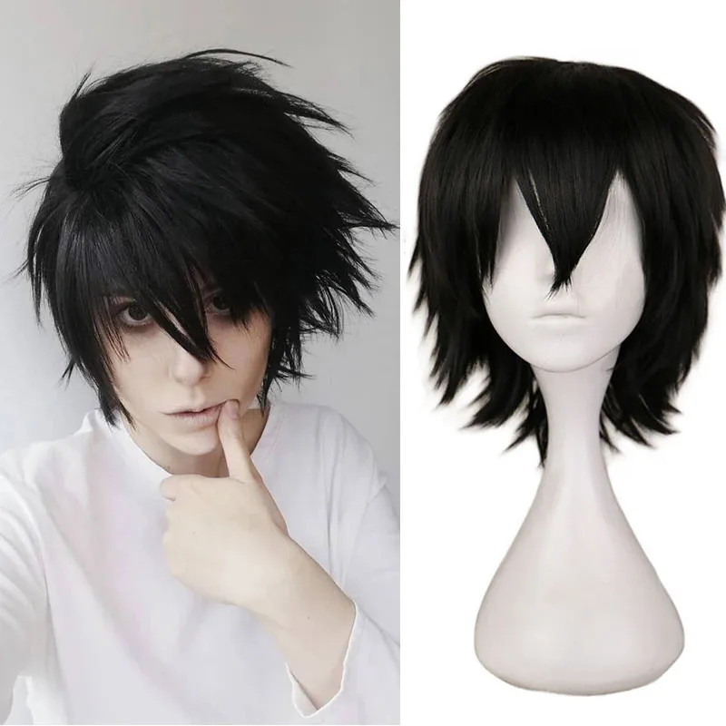 Anime L Cos Zwarte Korte Pruik Mens L.Lawliet Hittebestendig Haar Pelucas Cosplay Kostuum Haar Pruik + Pruik Cap