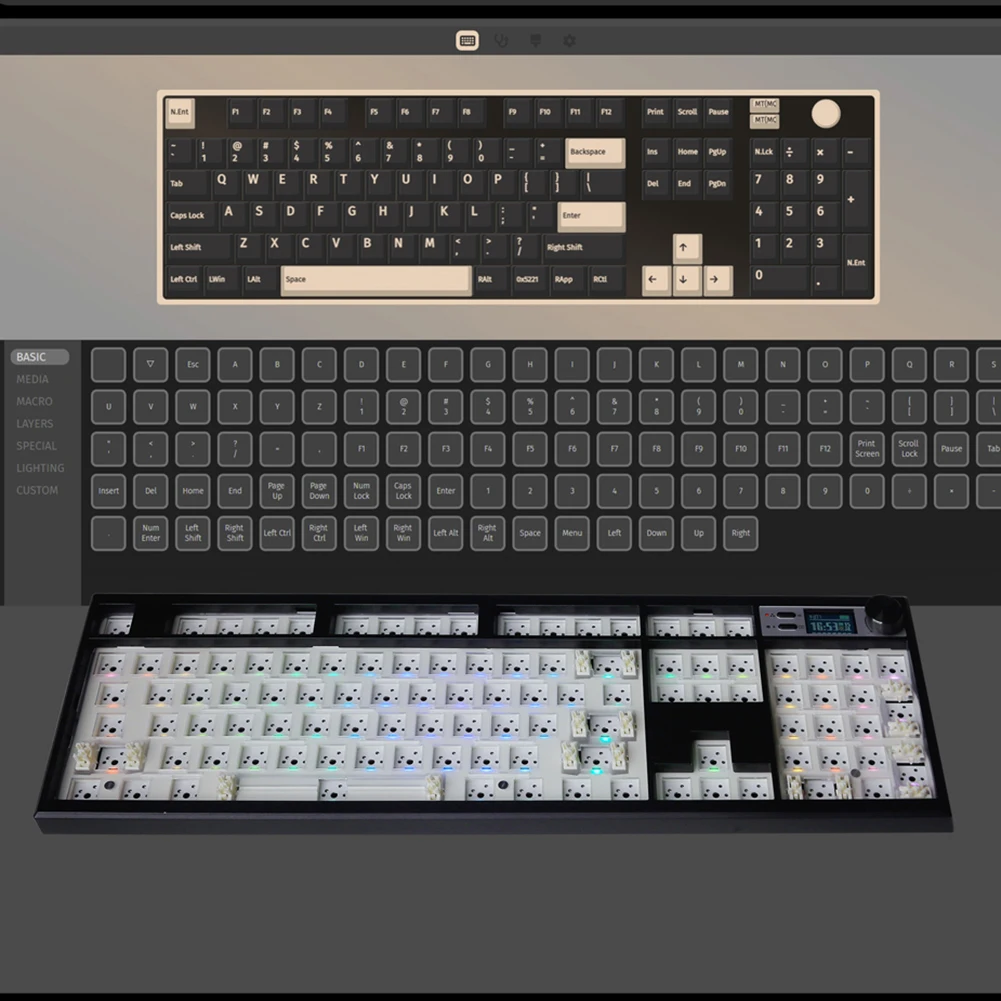 مجموعة لوحة المفاتيح الميكانيكية GMK104 BT5.0/2.4G مجموعة لوحة المفاتيح المخصصة اللاسلكية/السلكية المخصصة للتبديل السريع RGB بإضاءة خلفية عبر مع شاشة عرض