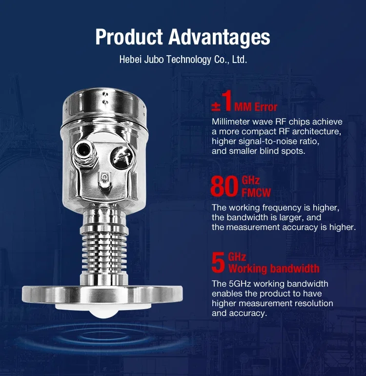 JUBO 80GHz high temperature Strong corrosive liquid radar level transmitter RS485 output radar liquid level gauge