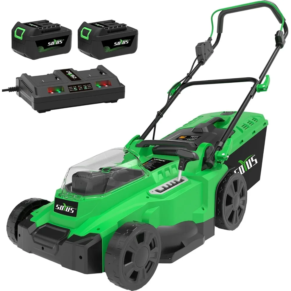 

nch 40V Battery Powered Lawn Mower with Brushless Motor, 6 Position Height, includes 2x4.0Ah Batteries and Dual Port Charger