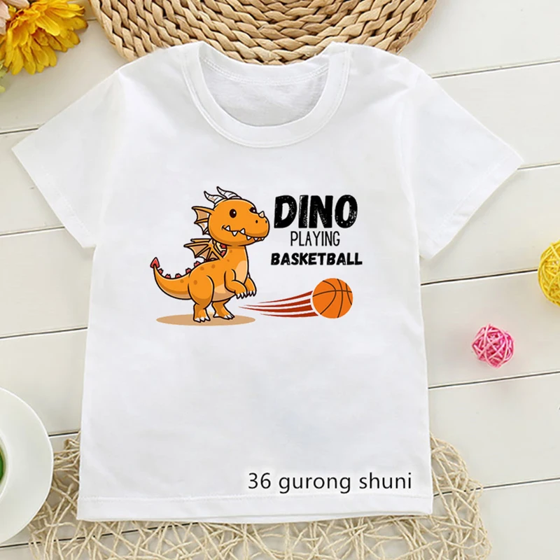 Dino Playing Basketball Graphic Print Tshirt Girls/Boys Kawaii Kids Clothes Funny Summer Fashion T-Shirt Harajuku Shirt