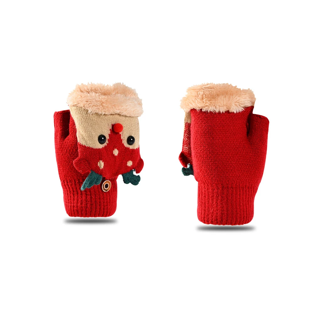 Children Winter Gloves Christmas Cartoon Elk Flip Half-Finger Mittens For Girl Boy Kids Warm Plush Lined Fingerless Glove