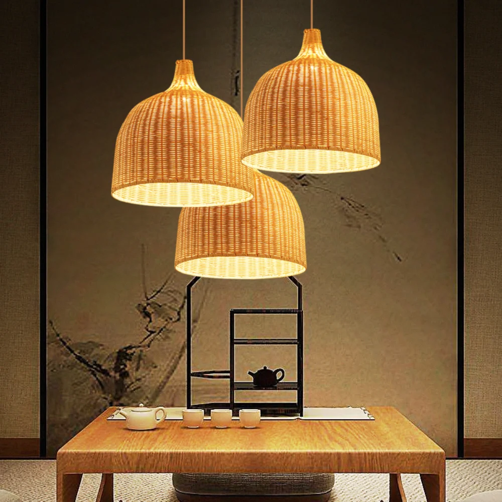 Hand Knitted Chinese Style Weaving Hanging Lamps 18/19/30cm Restaurant Home Decor Lighting Fixtures Bamboo Pendant Lamp