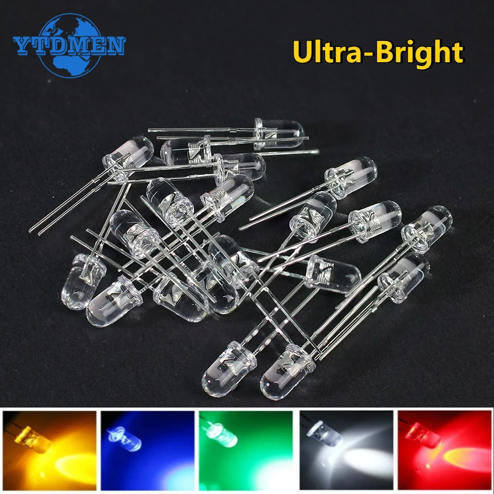 50/100pcs 5mm LED Ultra Bright Transparent White Green Red Blue Yellow Orange Light-Emitting Diode Round LED Assortment Kit