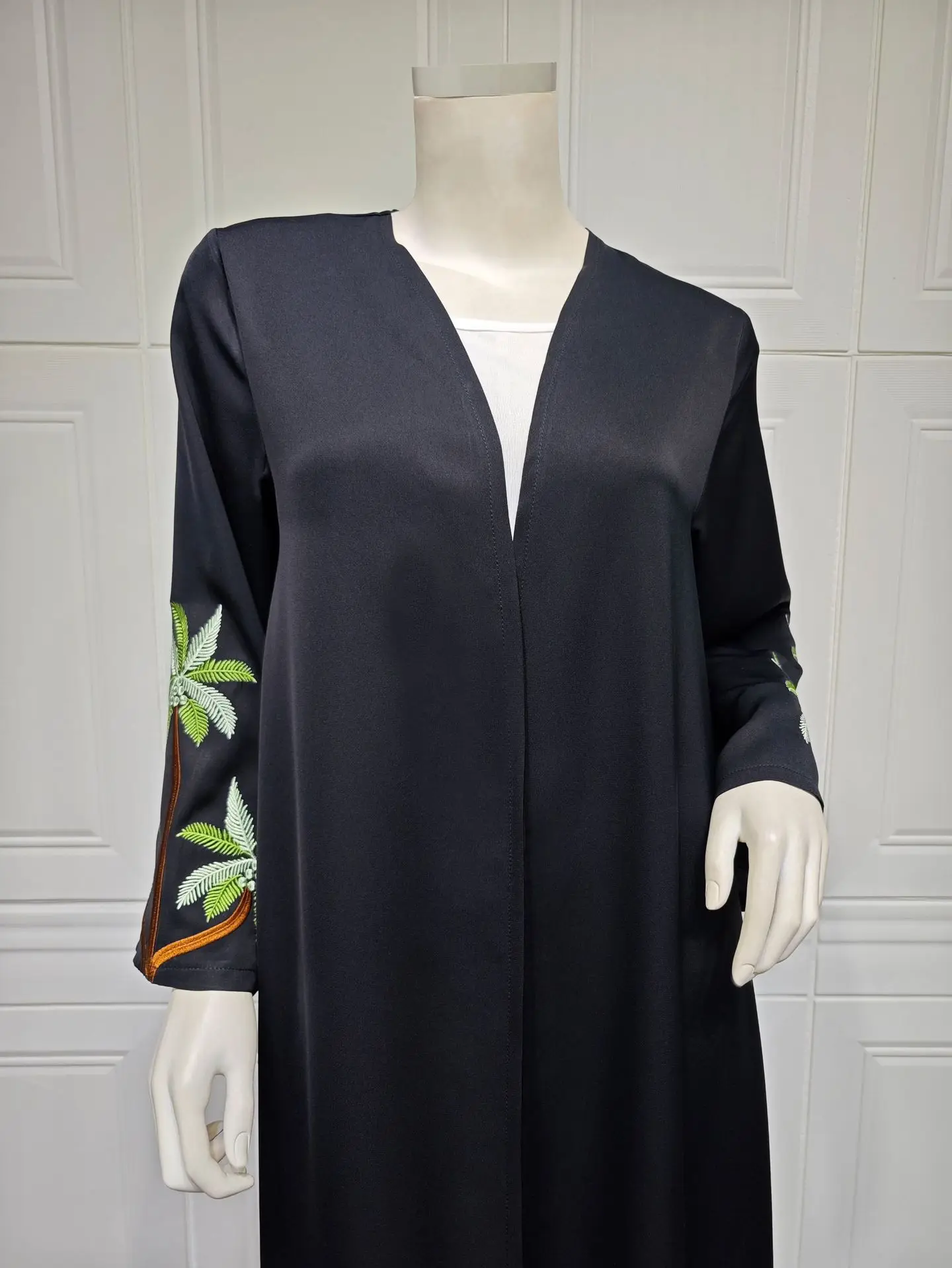 Abaya Kimono abierto informal negro para mujer musulmana, Ramadán Jalabiya Eid, bordado, manga larga, bata marroquí africana