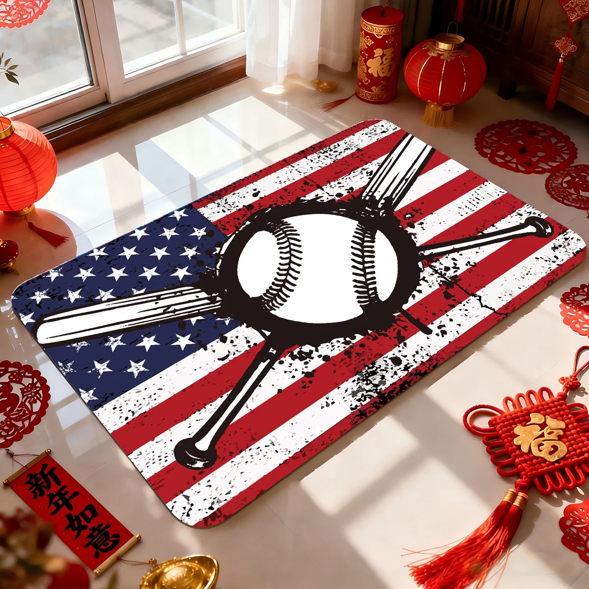American Flag Baseball Doormat - Crossed Bats Sports Entry Rug, Patriotic Floor Mat, Non-Slip, Multiple Sizes