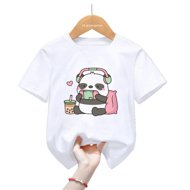 Funny Panda/Unicorn/Axolotl Love Boba Cartoon Print T Shirt For Girls/Boys Kawaii Kids Clothes Summer Short Sleeve T-Shirt