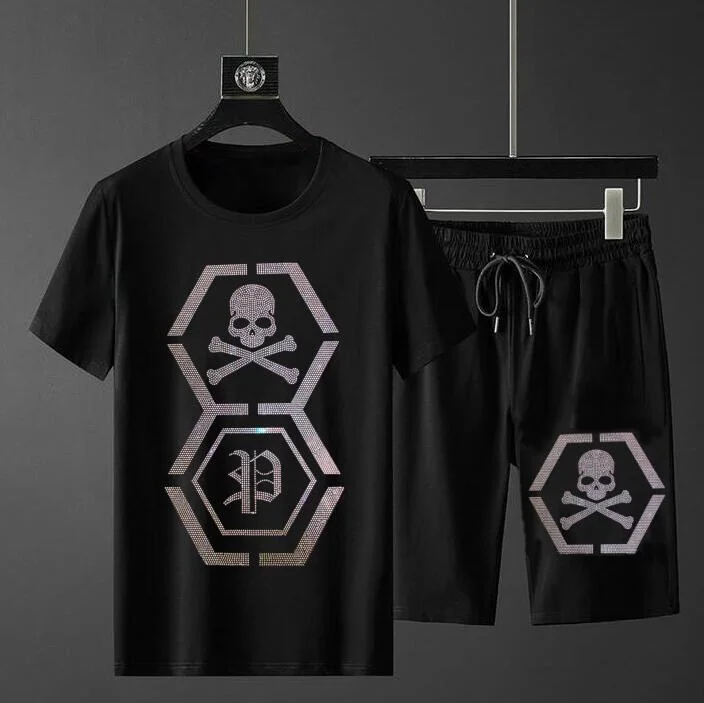 

S-4XL Streetwear Suits Anime Skulls Graphic Men's Rhinestones Set Design Drop Summer Tracksuit Diamonds