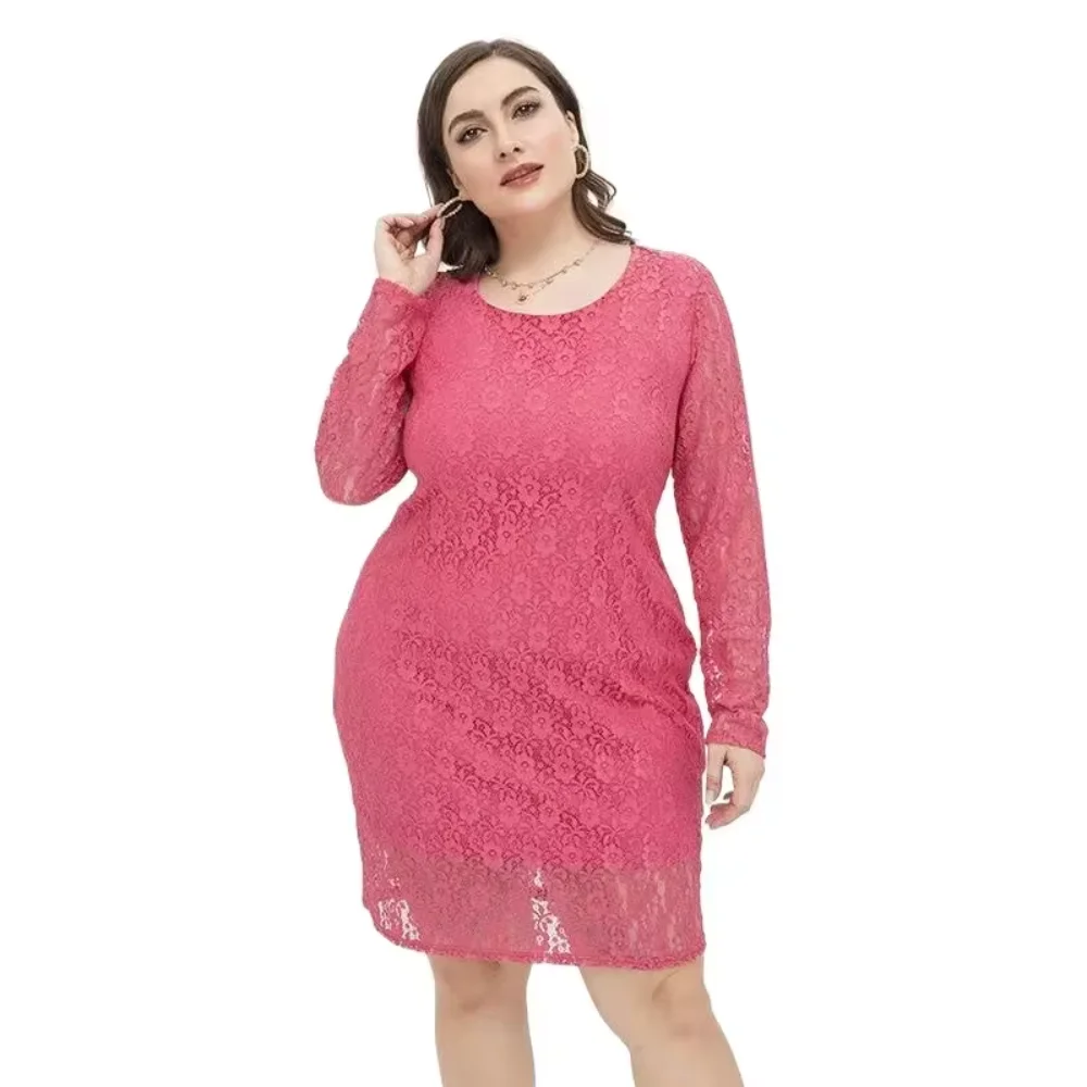 Vestido lápis feminino plus size manga comprida renda cor sólida slim fit