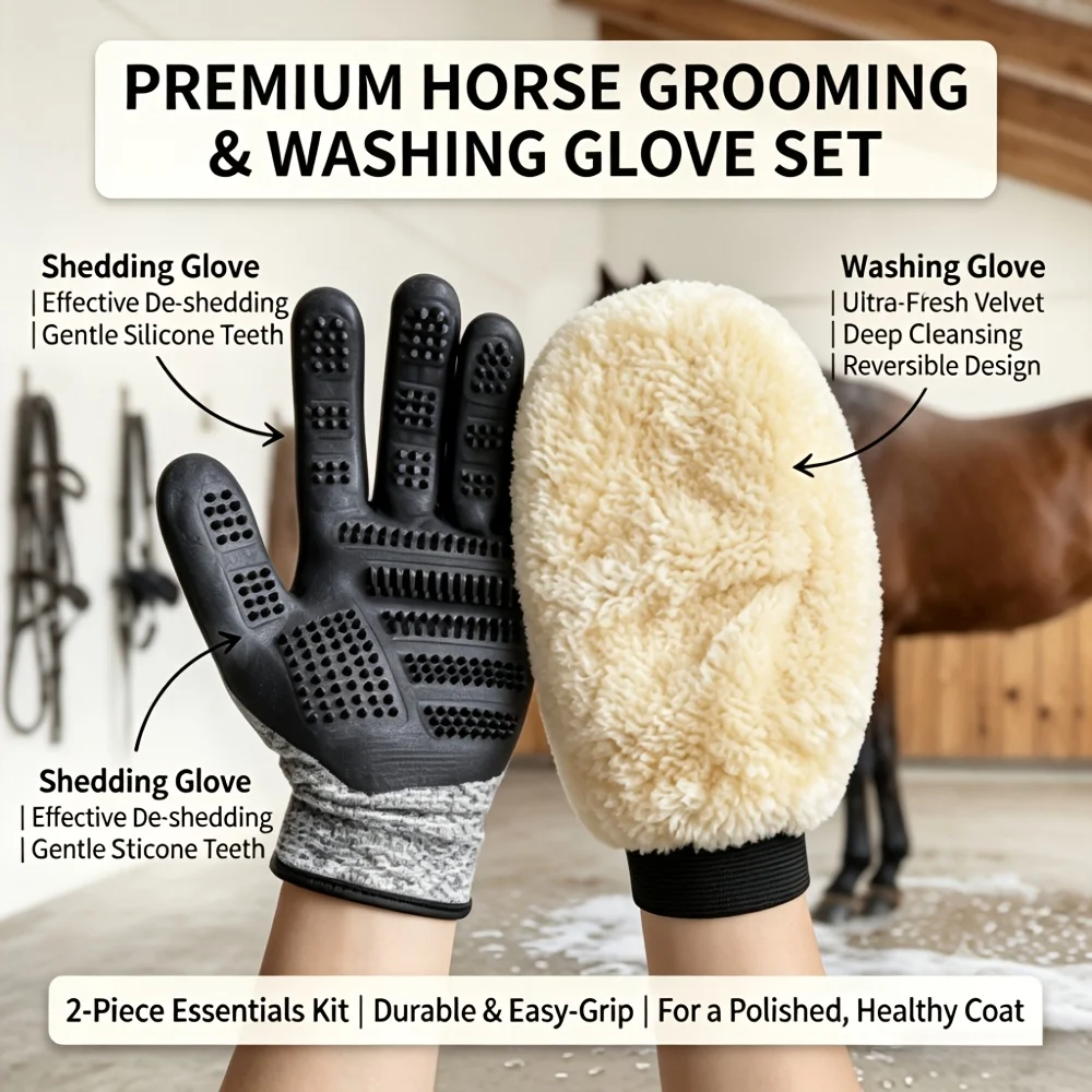 2p Horse Grooming Glove Soft Plush Silicone Brush Glove for Horse Dog Cat Bathing Massage Shedding Hair Remover Deep Cleaning