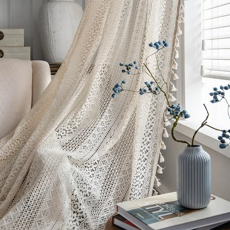 

Boho Tassel Crochet Curtains for Living Room,Vintage Rod Pocket Curtains Geometry Striped Knitted Lace Light Filtering Curtains