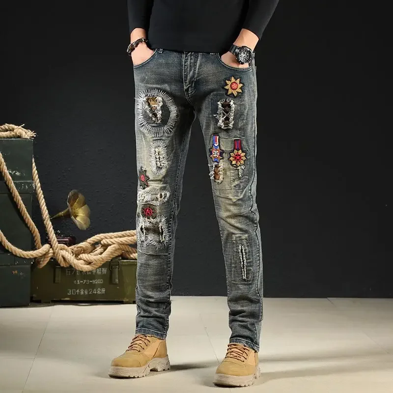 Men's Jeans Skinny Torn Trousers Tight Pipe Man Cowboy Pants with Holes Elastic Ripped Stretch Embroidery Slim Fit Broken Luxury