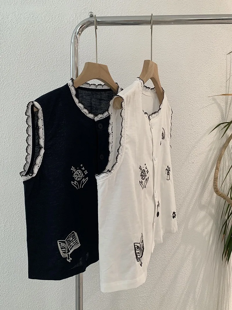 

Корейский жилет с вышивкой и конвертом, модный женский летний топ с мультяшным дизайном Agel, укороченный топ Ele Bal