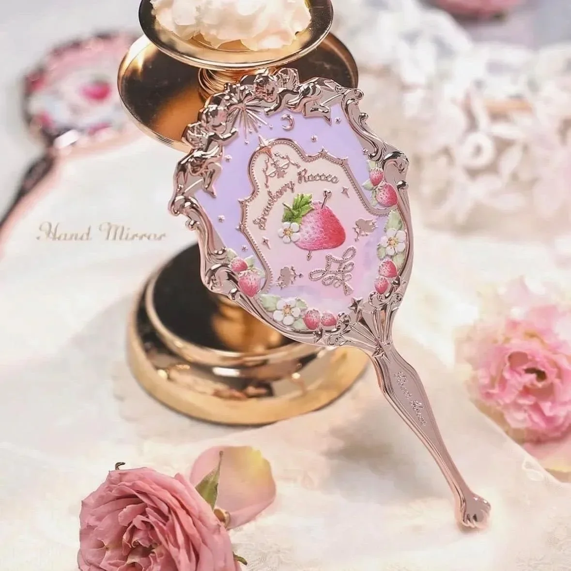 Flower Knows Violet Strawberry Rococo Jewelry Empty Box Handheld Makeup Mirror Hair Accessories And Clips Makeup Sets