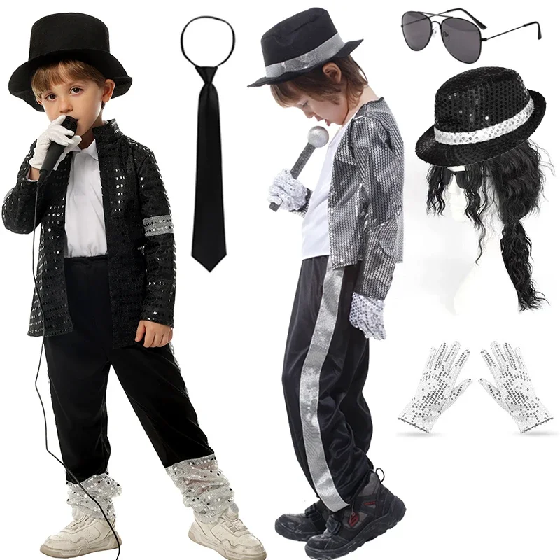 70s 80s American Pop Rock Superstar Boys MJ Costume Jackson Halloween Stage Performance Show Michael Retro Silver Clothes Outfit