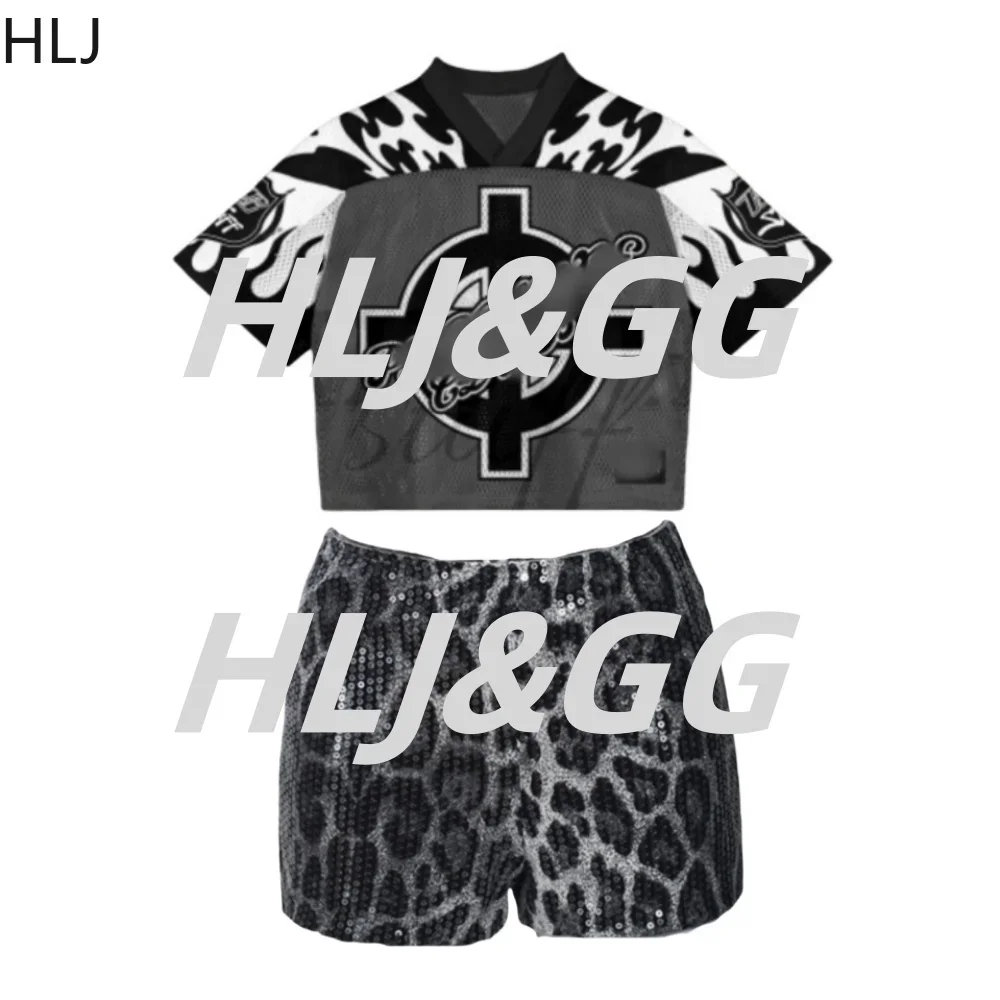 Hlj primavera lantejoulas leopardo shorts conjuntos de duas peças feminino decote em v manga curta solta basquete camisetas e shorts roupa streetwear