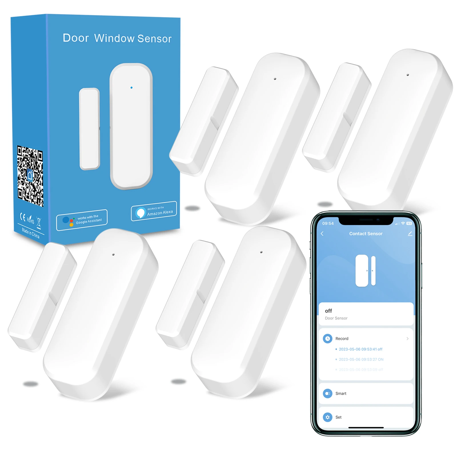Tuya Tür- und Fenster-Magnetsensor mit Zigbee- und WLAN-Konnektivität, kompatibel mit Alexa und Google Home.