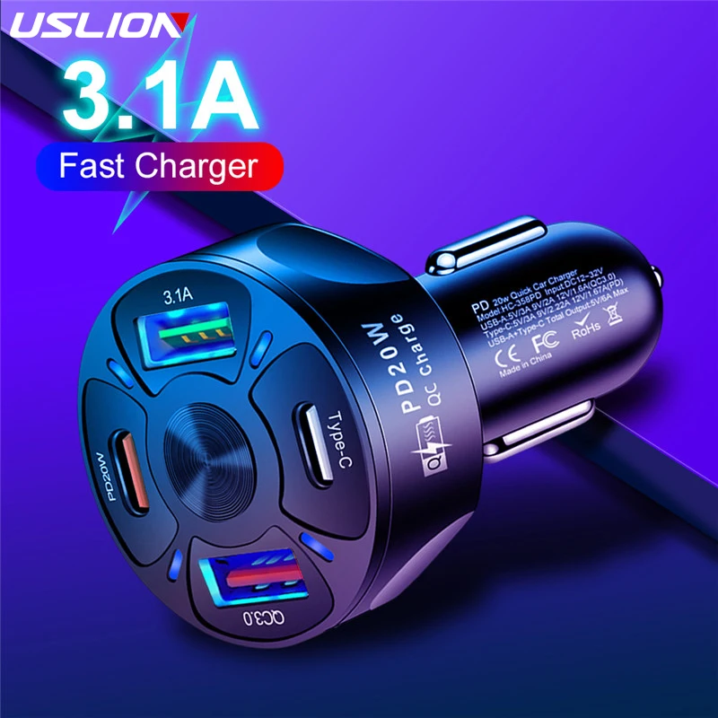 USLION 4 Ports USB Car Charge PD 20W Quick Charge QC PD 3.0 Fast Charging For iPhone 13 Xiaomi Huawei Phone Charger in Car