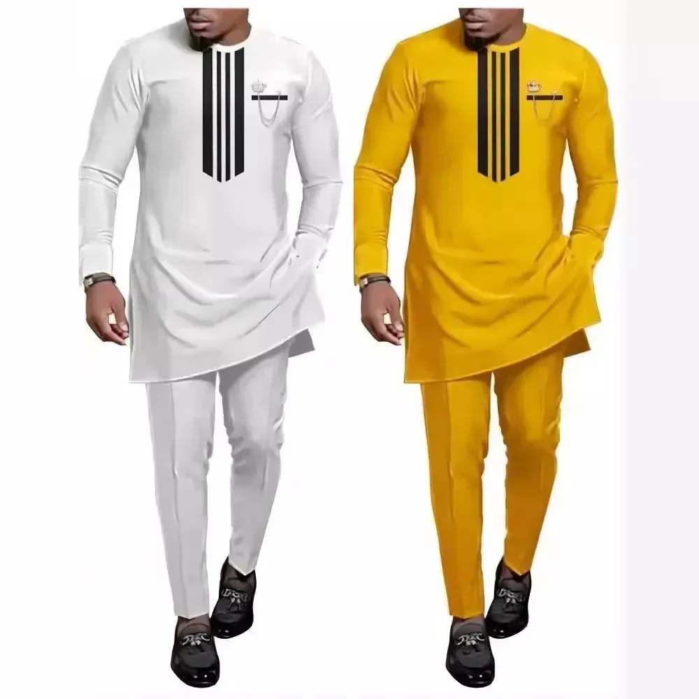 2024 M-4XL African Clothes for Men Autumn Fashion Dashiki Long Sleeve O-neck White Yellow Plus Size 2 PCS Top Pant Matching Sets