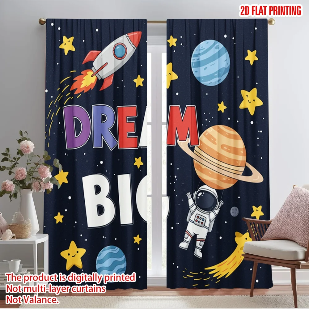 

2pcs 2D flat printing Curtains Dream Big Space Rocket Astronaut Polyester Without Electricity Party Decorations Perfect for All
