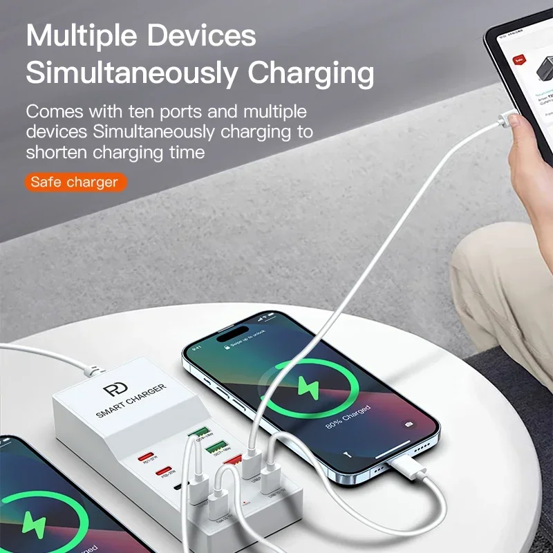 USB Charger 10-Port USB Charging Station for Multi Devices 75W USB Hub Adapter for iPhone Samsung Xiaomi Huawei Extension Socket