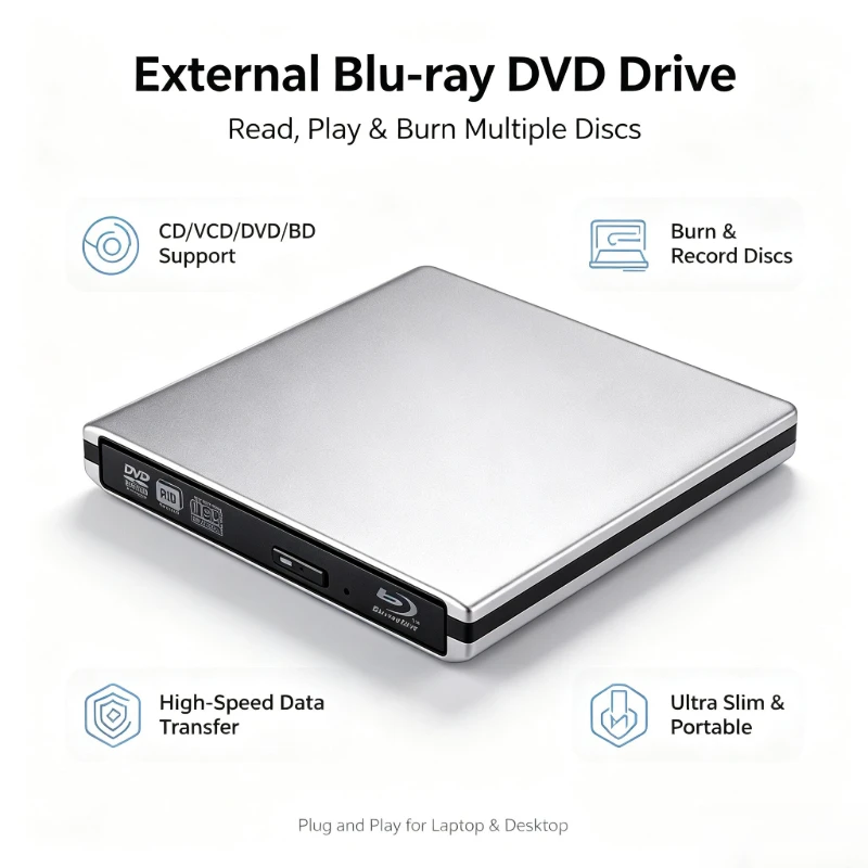 Zewnętrzna jednostka Blu-ray USB 3.0 wykonana ze stopu aluminium, obsługująca formaty 3D, BD, DVD i CD, z funkcją nagrywania i odczytu, przenośna jednostka optyczna do laptopa i komputera (Silver) — Zdjęcie 2 z 2