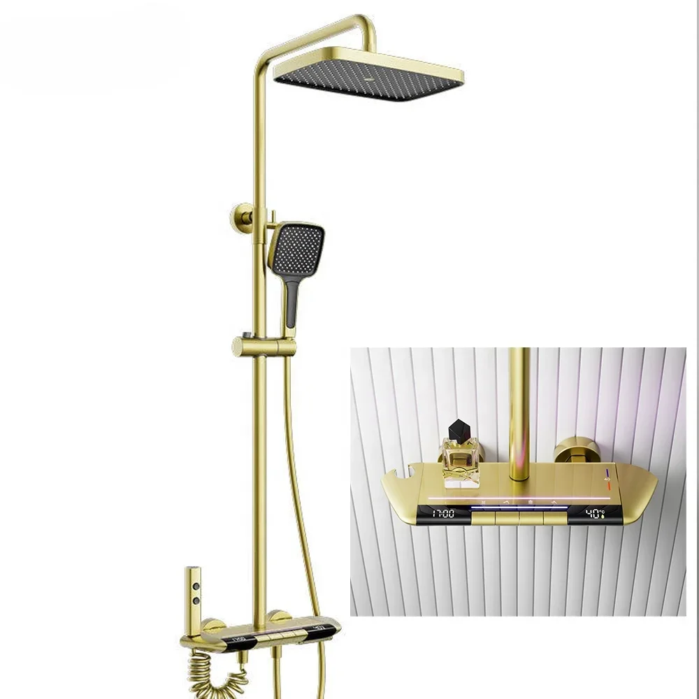 Modern Luxury Brass Shower Set Gun Grey  Massage Brushed Gold Digital LED Light Bathroom Shower Set with Cold and Hot Water