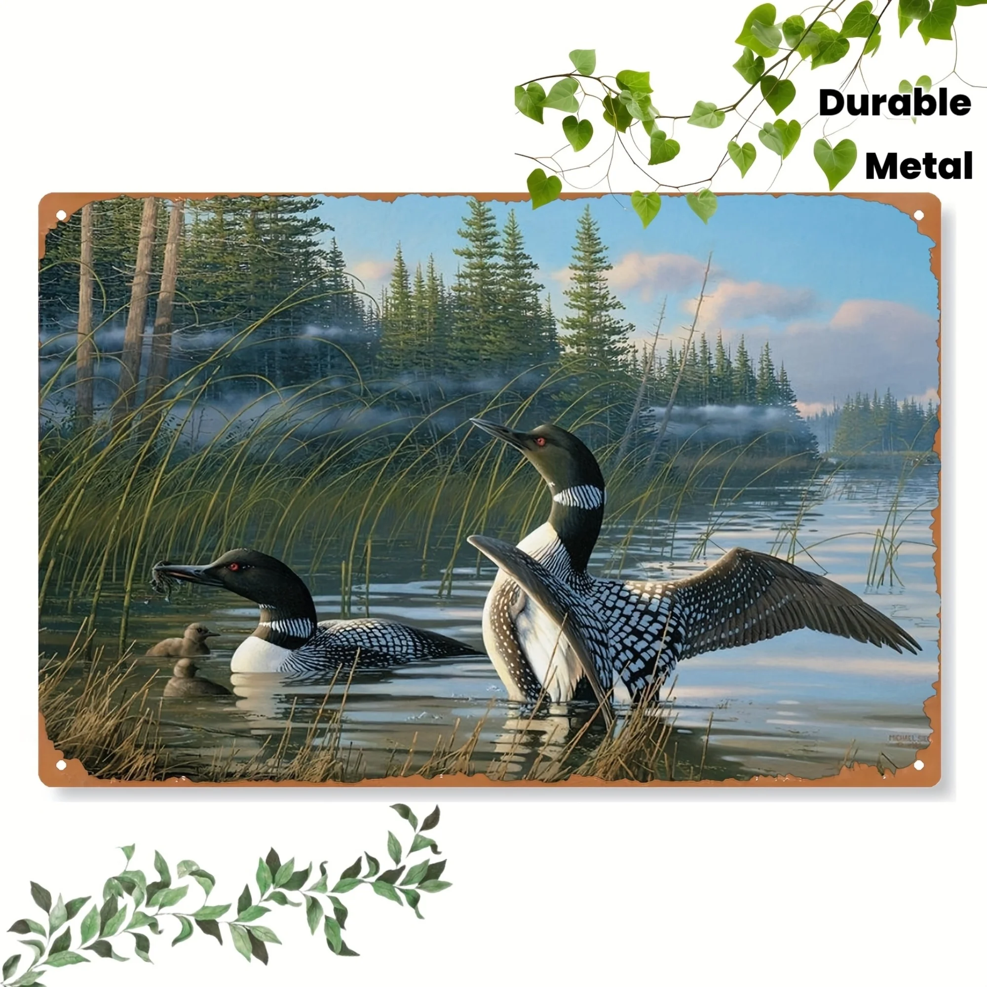 2D Flat - 1pc Vintage Tin Wall Art - Diving Birds And Serene Lake Scene Painting, Rustic Style Metal Wall Hanging Decor, Indoor/