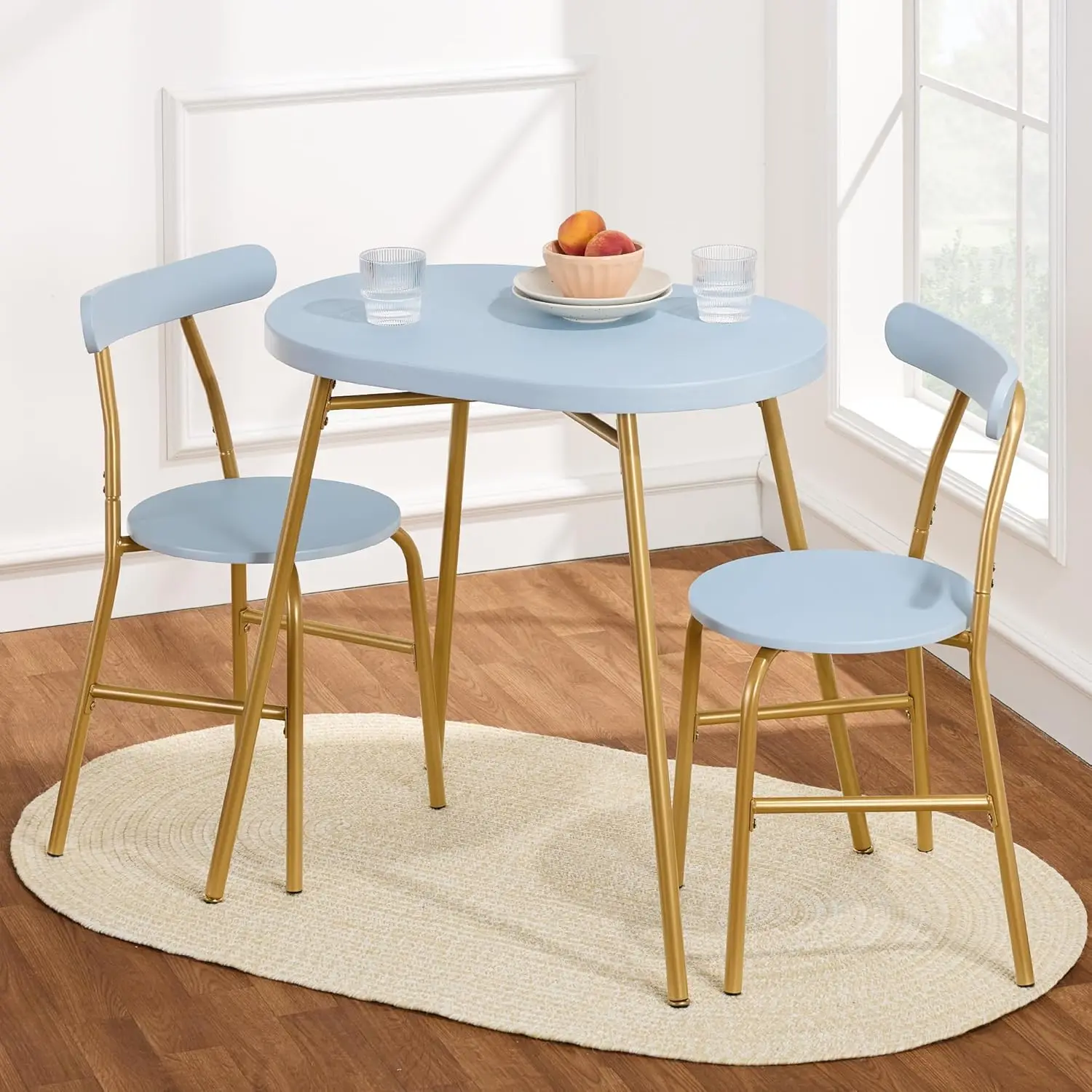 3-Piece Modern Oval Dining Table Set, Small Kitchen Dinette w/ 2 Chairs, Metal Frame, Curved Backrests - Light Blue/Gold