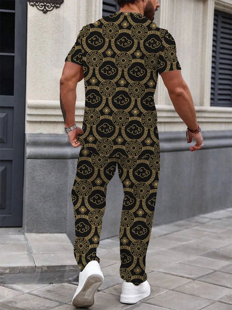 Herren Barock Zweiteiler Löwe 3D Gedruckt Set T-Shirt Kurzarm Anzug und Hose Personalisierte Mode Herrenmode