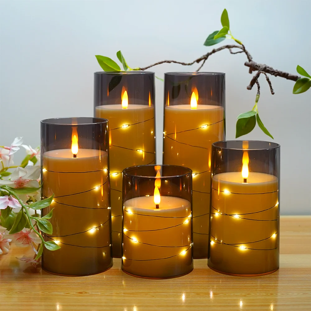 Grey romantic ambiance Home Decor custodia in acrilico da incasso star Cord timer 7 candele led tremolanti senza fiamma alimentate a batteria