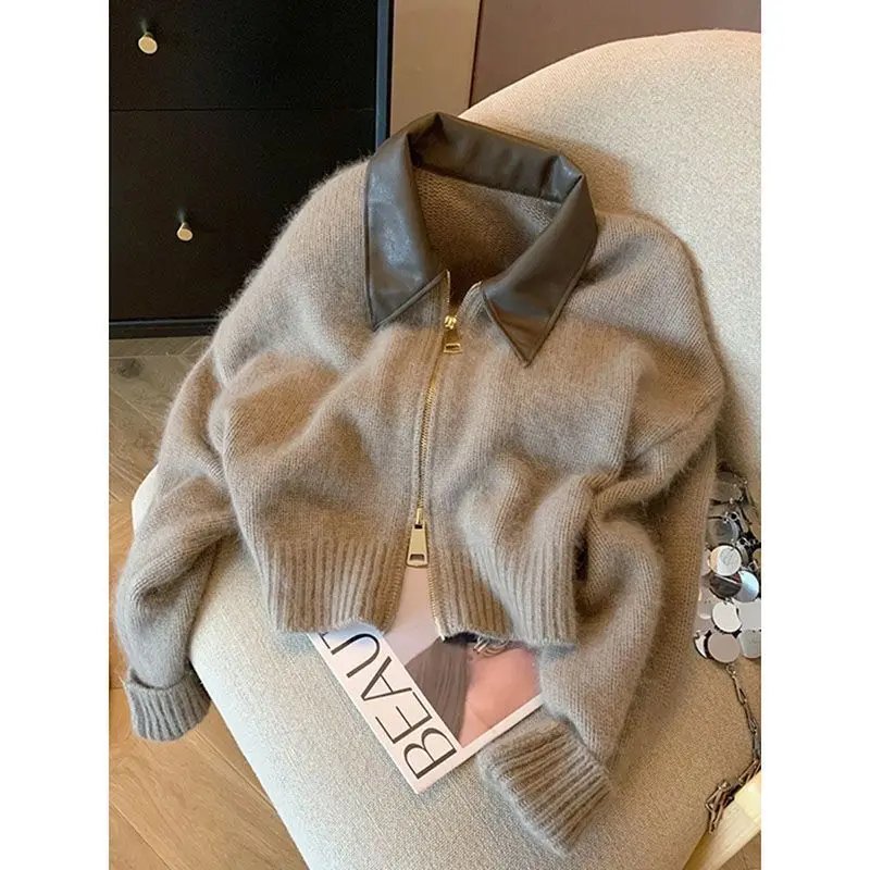 Vintage Brown Y2K Hooded Sweaters Women 2025 Autumn Winter Lantern Sleeve Zip Up Jacket Knitted Hoodies Cropped Cardigan Top