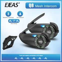 Ejeas-q8 interfone para capacete da motocicleta, interfone com partilha de música, bt 1, 6 riders, 1200m, ip67, rádio fm, 2pcs