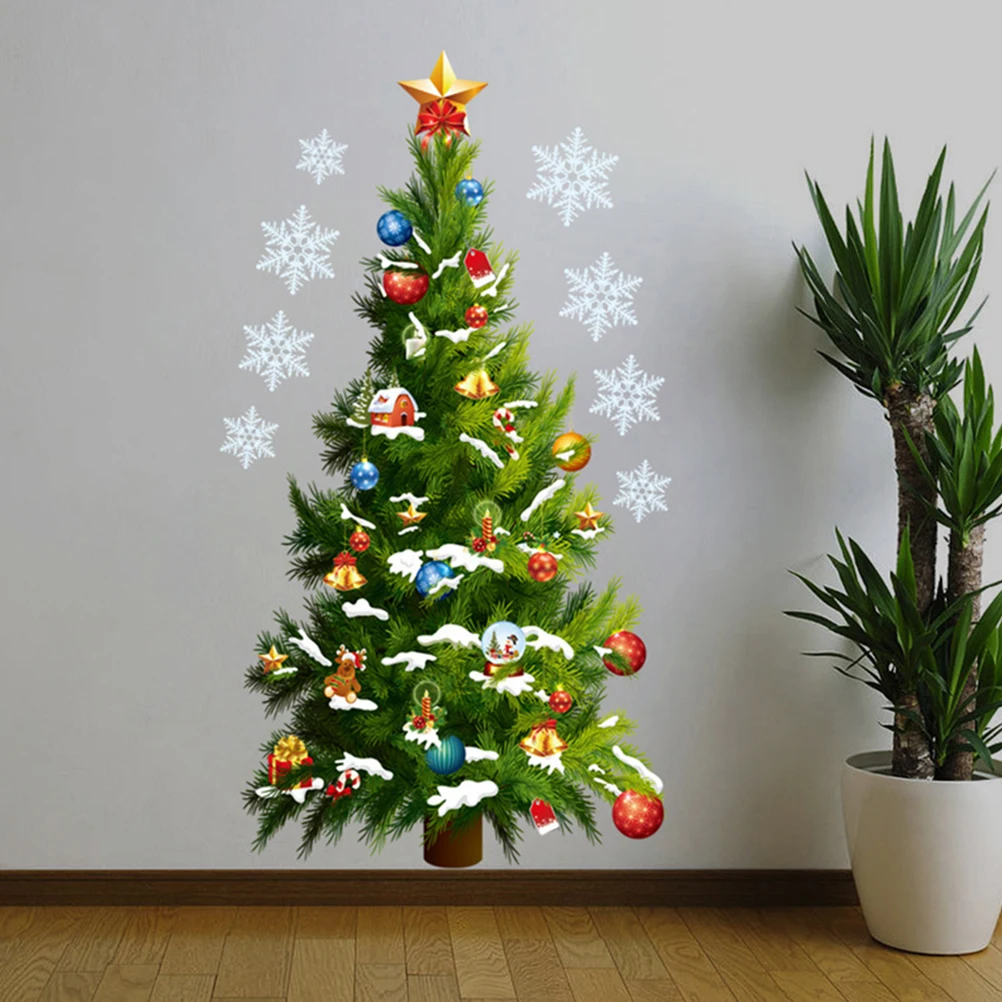 

Xmas Tree Sticker Set Christmas Wall Decals Snowflake Design Self Adhesive Window Showcase Decor Indoor Holiday Murals 2Pcs