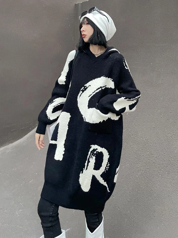 [EAM] Black Pattern Big Size Long Knitting Sweater Hooded Long Sleeve Women Pullovers New Fashion Spring Autumn 2024 1DH7209