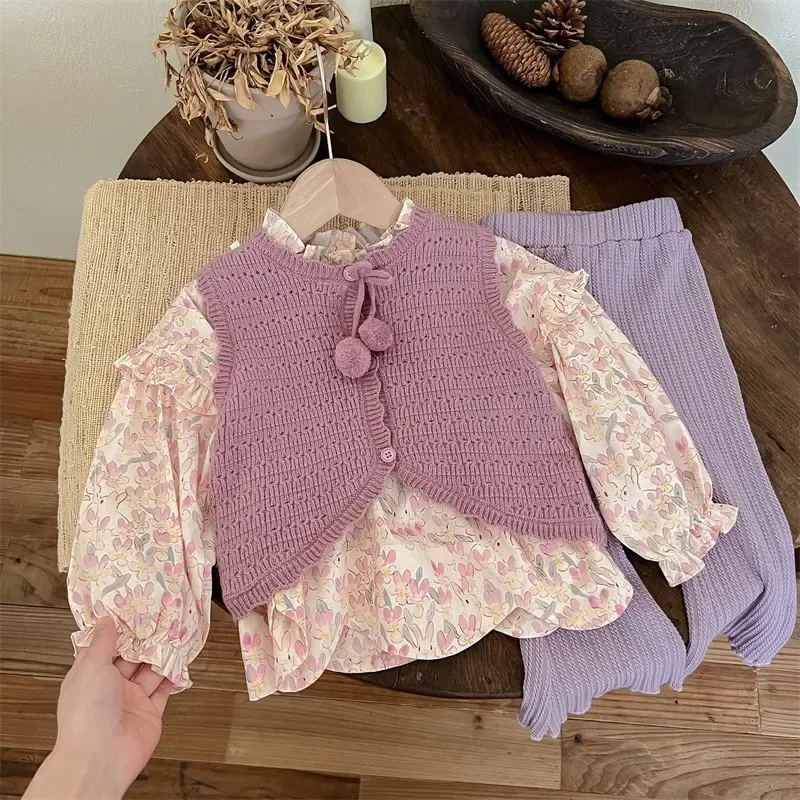 Kids Baby Girls Clothes Cute Pink Rabbit Floral Blouse for Girls Tollder Girl Kawaii Purple Sweater Vest Lolita Blouse Shirts