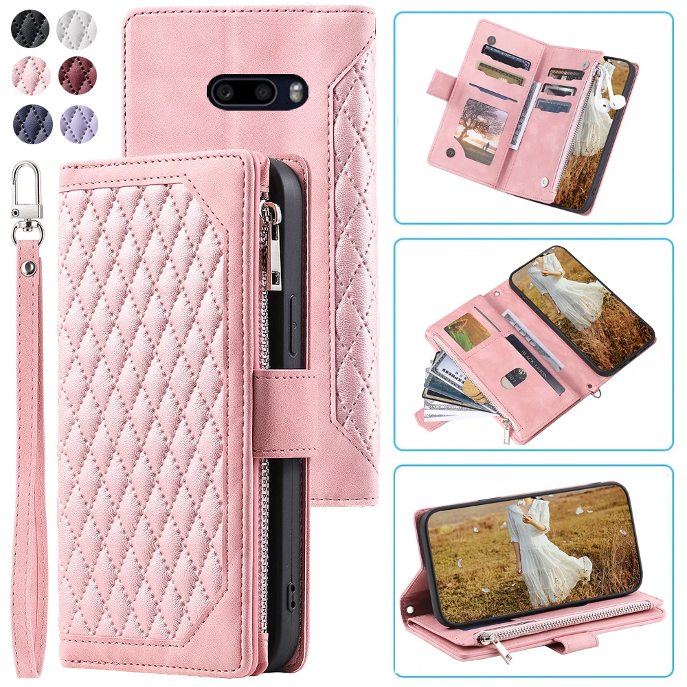 Fashion Zipper Wallet Case For LG V50S ThinQ 5G Flip Cover Multi Card Slots Cover Phone Case Card Slot Folio with Wrist Strap