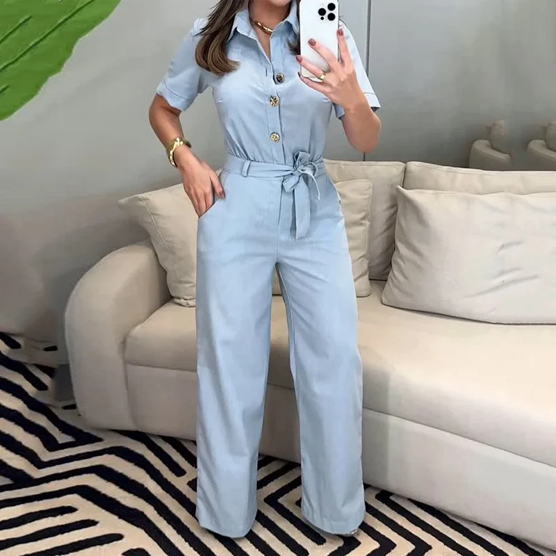 Wefads Jumpsuit Women Summer Casual Short Sleeve Lapel Single Breasted Button Nipped Waist Lace Up With Pocket Romper Streetwear