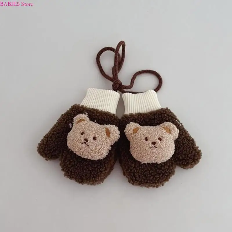 

C9GB Warm Mittens Bear Decoration Lamb Wool Gloves Windproof Full Finger Gloves