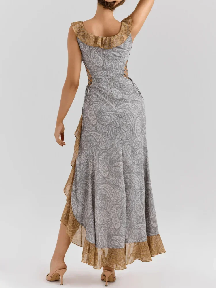 Seksowna Sukienka Długa z Falbankami i Nadrukiem Damska Kwadratowy Dekolt Bez Rękawów Wycięta Sukienka Bandage 2025 Nieregularna Sukienka Wieczorowa Vestidos