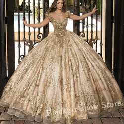 Champagne Chapel Train Princess Quinceanera Dresses Elegant  Applique Crystal Beaded Long Sweet 16 Dress Vestidos De Fiesta