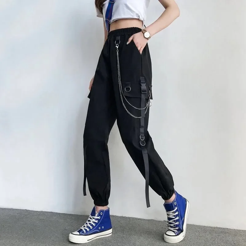 ผู้หญิงกางเกง Cargo 2025 Harem กางเกงแฟชั่น Punk กระเป๋า Jogger กางเกงโซ่ Harajuku Elastics เอวสูง Streetwear