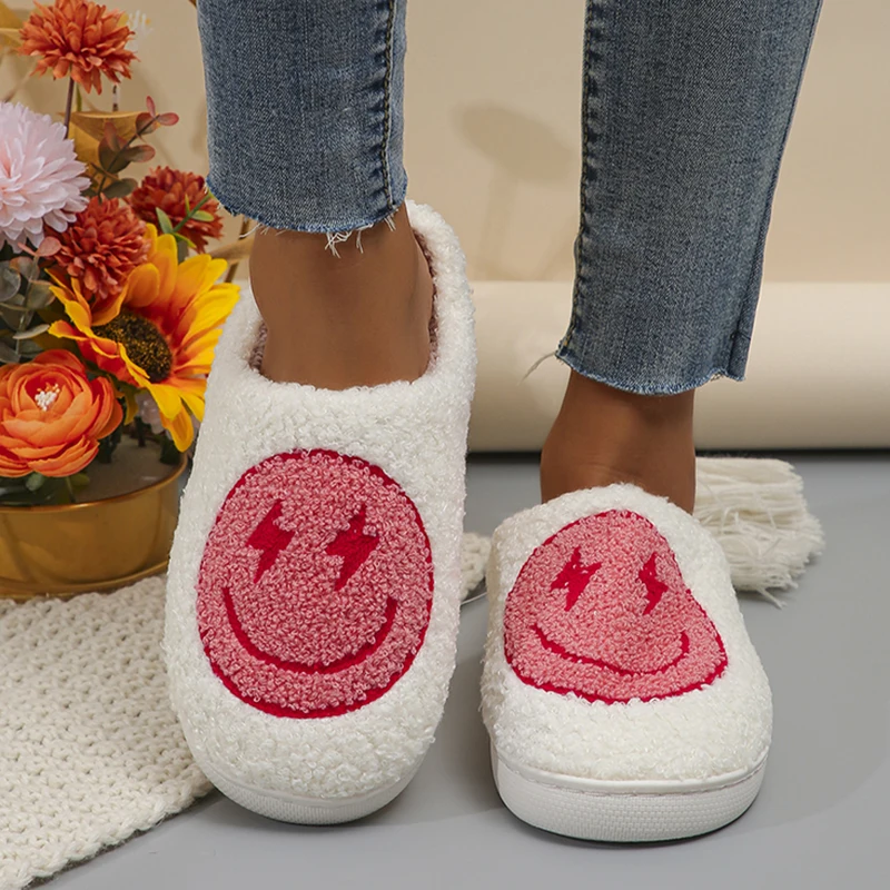 Lucyever Winter Pink Smile Fur Slippers for Women 2023 Cute Cartoon Non-Slip Home Slides Woman Closed Toe Couple Cotton Slippers