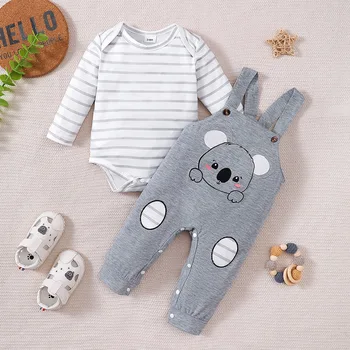 2Pcs Baby Boy Clothing Outfit Set Striped Long Sleeve Bodysuit Koala Print Overalls for 0-18 Months Infant Autumn Casual Clothes