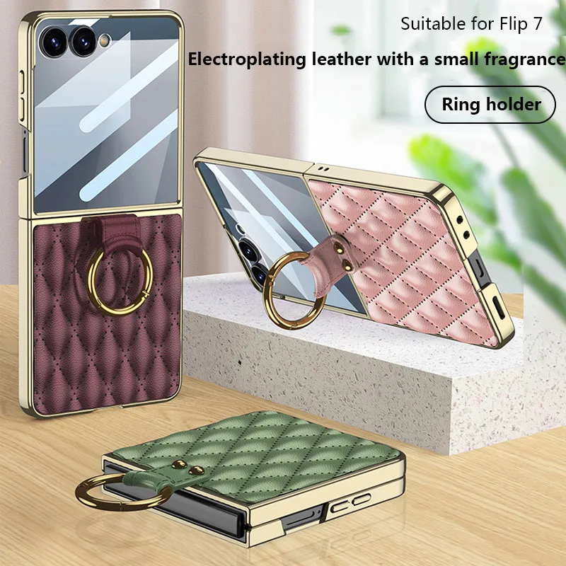 

Diamond Leather Ring Holder Case For Samsung Galaxy Z Flip 7 6 5 ZFlip7 Flip7 5G Magnetic Hinge Screen Glass Plating Cover