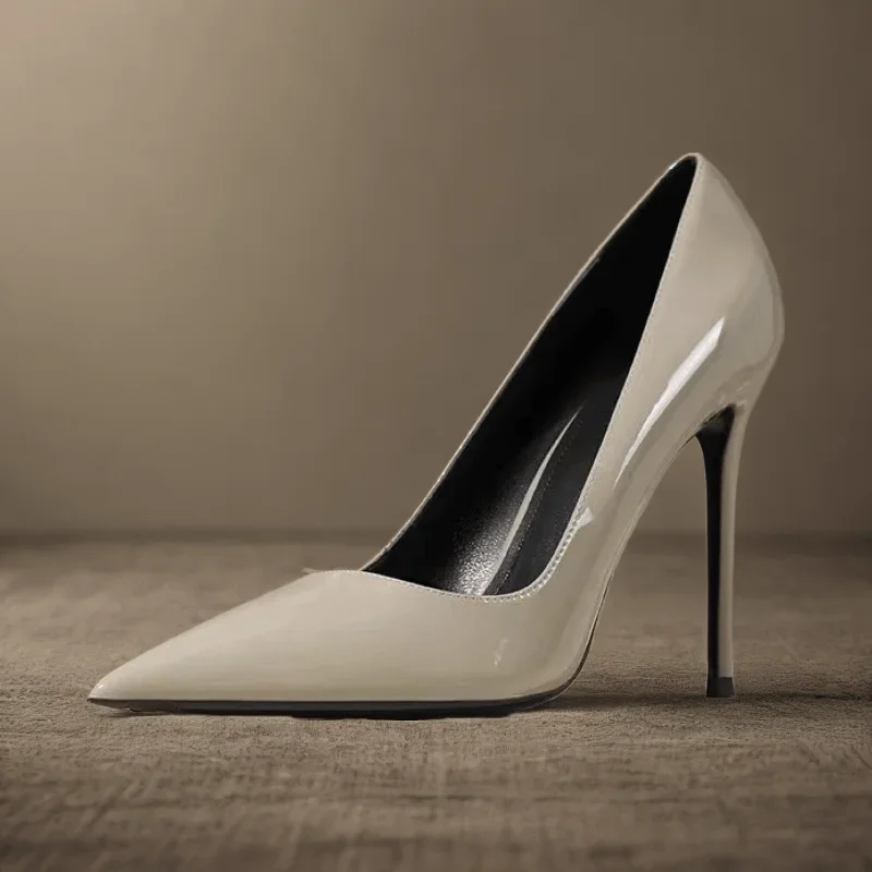 Commuting professional high heels, white versatile new sexy patent leather pointed single shoes, women's slim heel work shoes