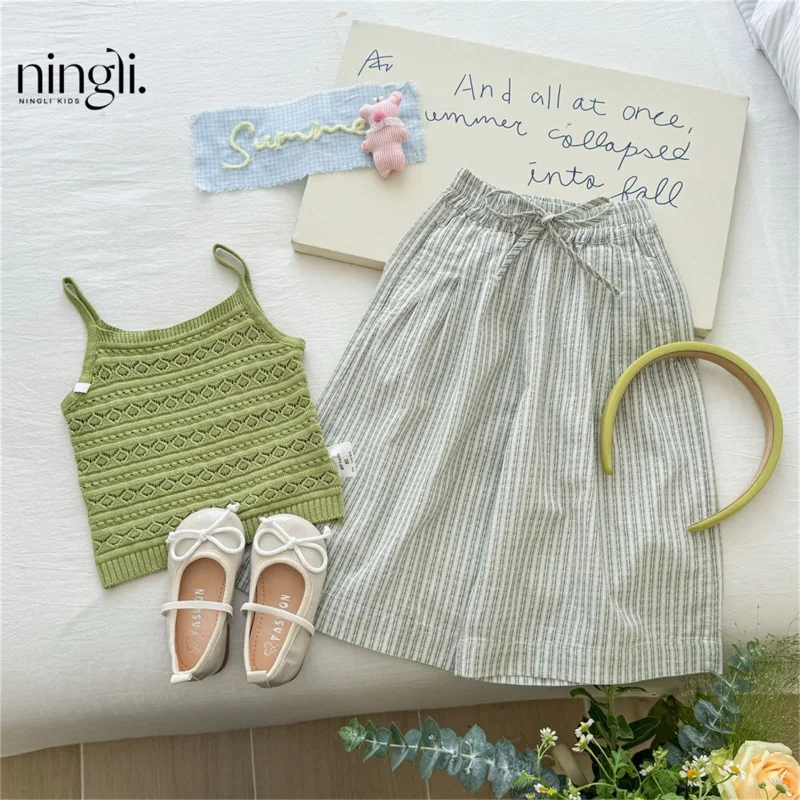 

Girls' Suit Summer2025Fresh Style Hollow Green Striped Wide-Leg Pants Two-Piece Set Trend