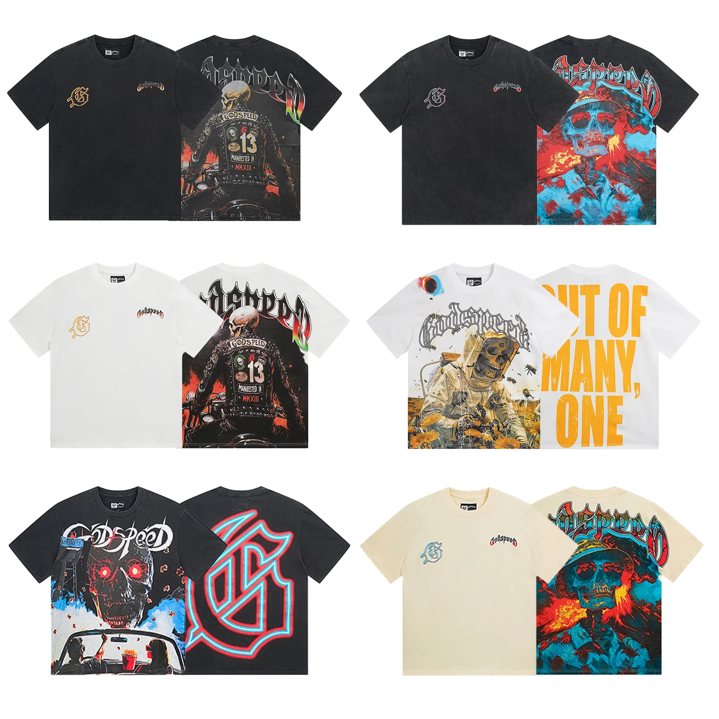 

Waed Vintage American High Street Sunset Skeleton Letter Print Loose round Ne ort Sve T-irt for Men And Women